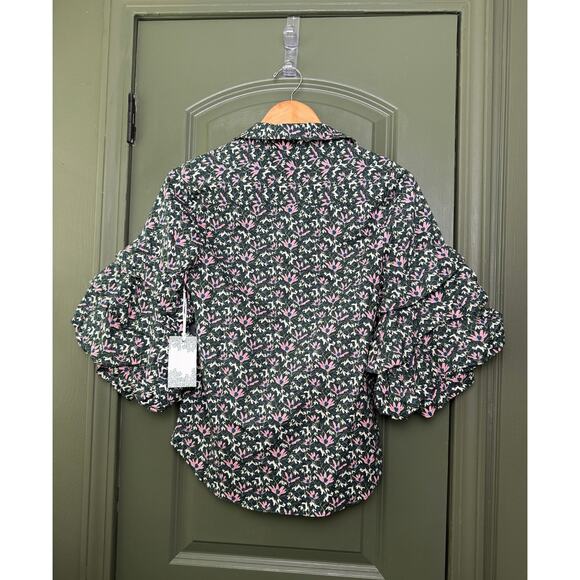 NWT Hyacinth House Noah Green Floral Ruffle Sleeve Button Down Fall Top XXS - Picture 4 of 6